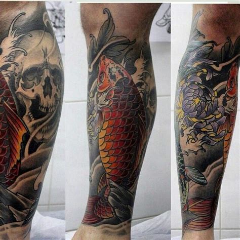 Three Different Views Of A Man S Legs With Tattoos On Them Including A