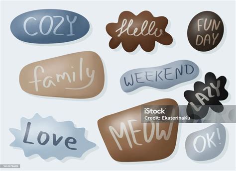 A Set Of Stickers Or Cute Speech Bubbles With Funny Inscriptions Stock