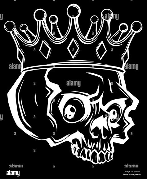 White Silhouette Of Skull With Crown On Black Background Stock Vector