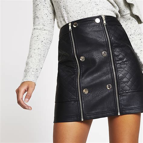 Black Faux Leather Quilted Zip Mini Skirt River Island