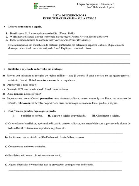 Sujeito E Predicado Exercícios Com Gabarito – TMBI