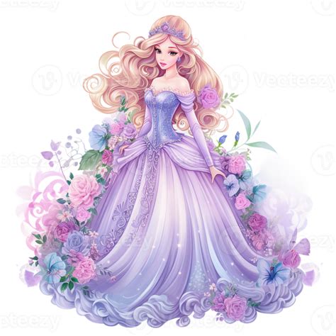 Little Princess Watercolor Clipart With Brown Hair Pink Flowers Long Dress Look Like Doll Ai