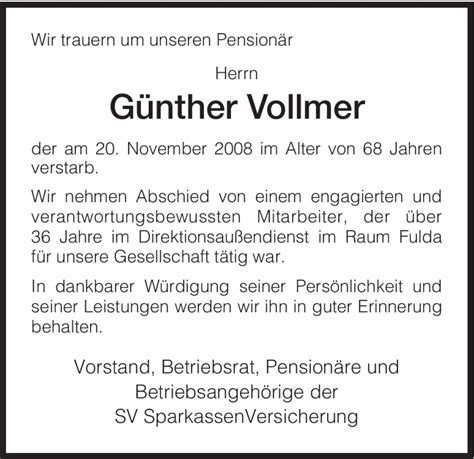 Traueranzeigen Von G Nther Vollmer Trauer Hna De