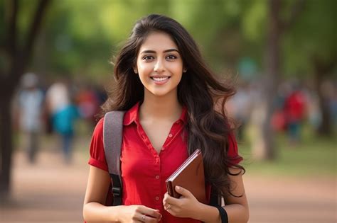 Young Indian College Girl Holding Backpack And Books And Giving Happy