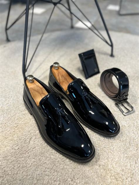 Black Patent Leather Tassel Shoes For Men By