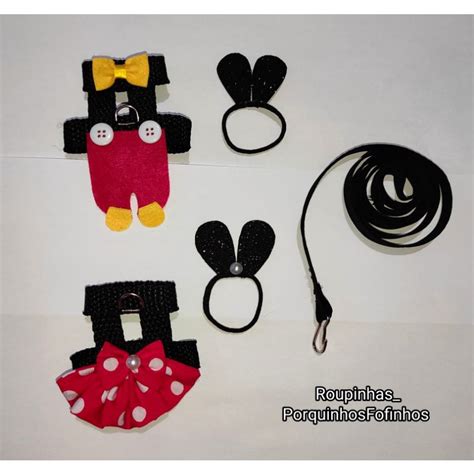 Roupa Pet Peitoral Guia De Passeio Fantasia Minie E Mickey Para