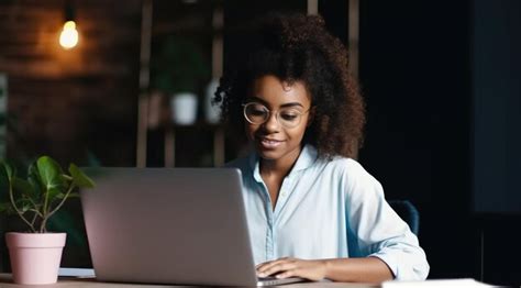 Premium AI Image A Woman Sits At A Desk With A Laptop In Front Of Her