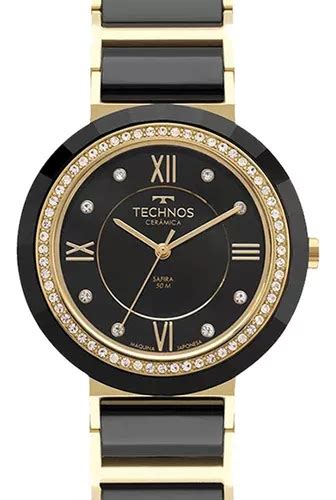 Reloj Technos Para Mujer Original De Cer Mica Y Zafiro Correa Dorada