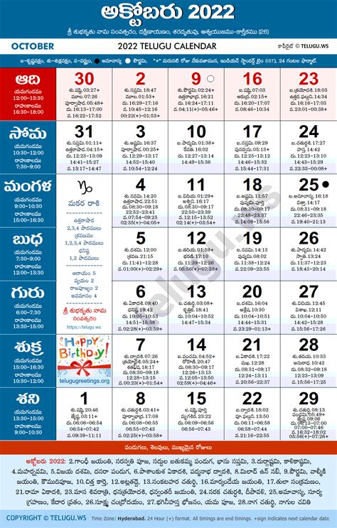 Telugu Calendar 2022 October PDF Print With Festivals Holidays List