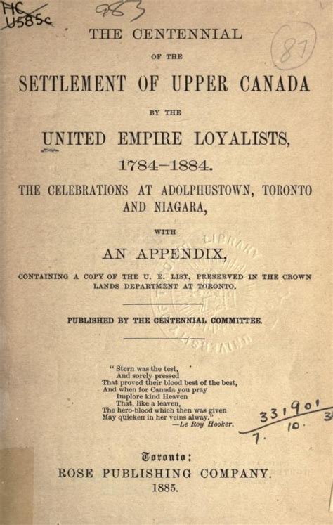 The Centennial Of The Settlement Of Upper Canada By The United Empire