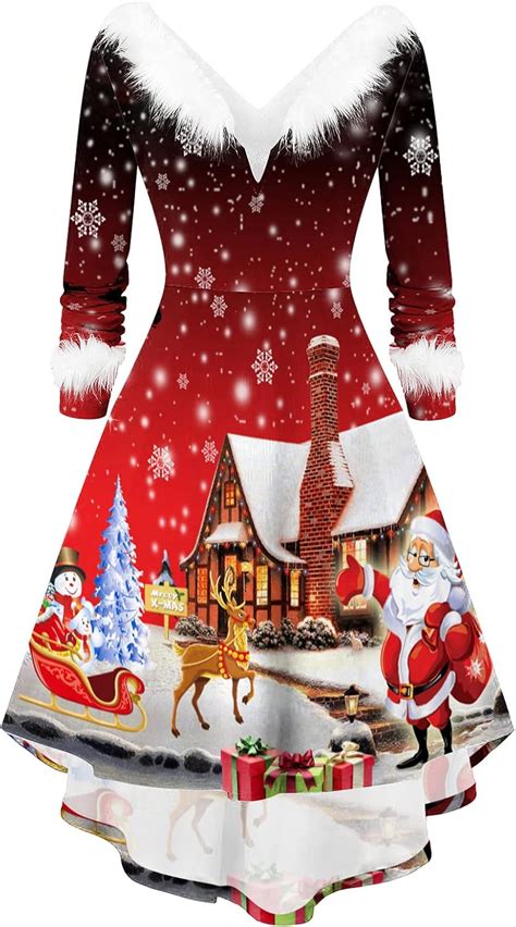 Jinitaimei Women Christmas Long Sleeve V Collar Party Dress Elegant Club Night Dress Casual Faux