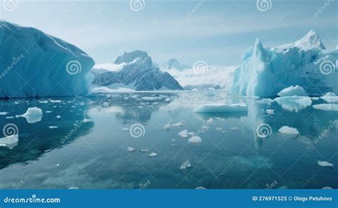 A Group Of Icebergs Floating In The Water Near Mountains Stock