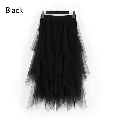 Women Midi Skirt Tulle Skirt Mesh Pleated Elastic High Waist Layered