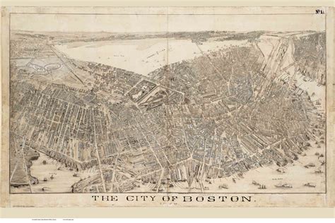 Boston Massachusetts 1879 Bird S Eye View Old Map Reprint Hazen