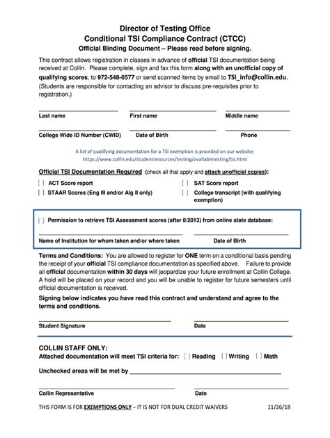 2018 2023 Form Collin College Conditional TSI Compliance Contract Fill