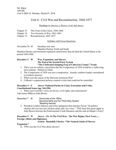 Unit 4 Civil War And Reconstruction 1844 1877