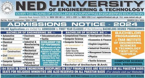 NED University BS Admission for Session 2024