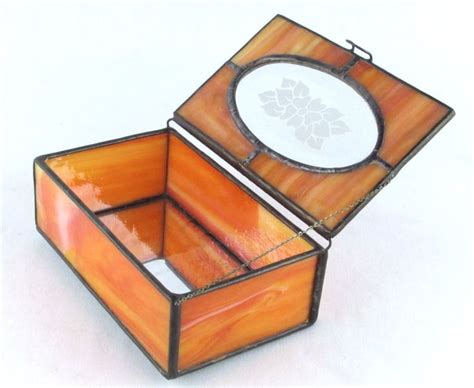 Stained Glass Mirrored Jewelry Trinket Box Etched Floral Design Motif Orange Glass Vintage Home