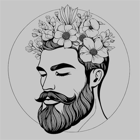 Retrato de um homem barbudo bonito flores na cabeça ilustração