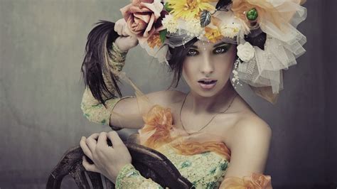 Wallpaper Face Women Model Portrait Flowers Yellow Eyes