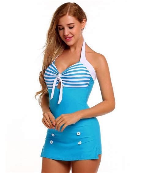 Womens Vintage Retro Striped One Piece Swimsuit Pin Up Halter Monokini