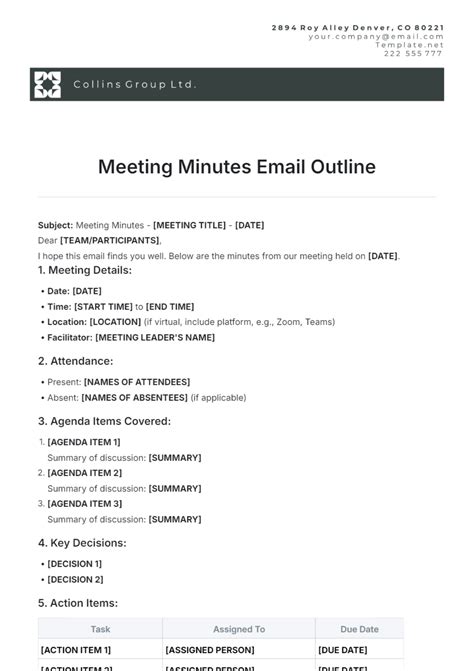 Free Meeting Minutes Email Outline Template to Edit Online