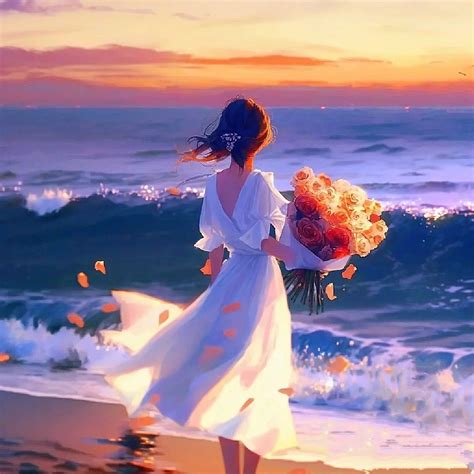 A Woman Walking On The Beach With Flowers In Her Hand And Waves