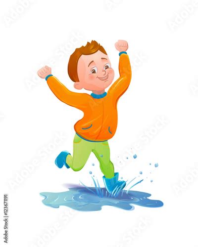 Boy In Raincoat Jumping And Playing In The Rain Smiling Cartoon Character Running Through