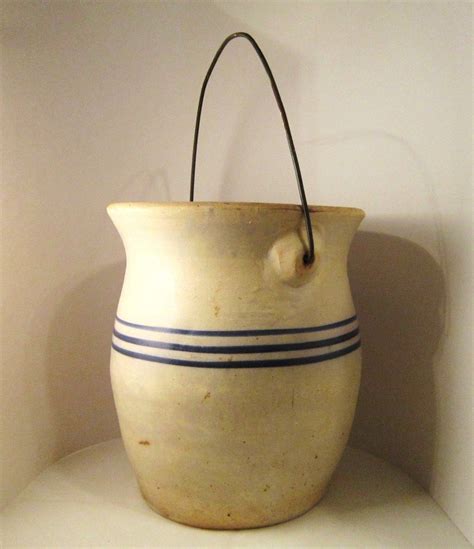 Stoneware Crock Blue Stripes And Bail 10 Inch Tall Heavy Stoneware