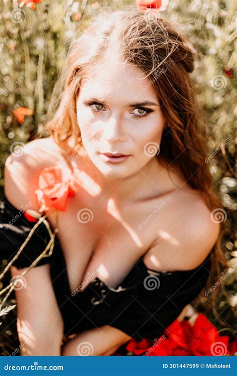 Woman Poppies Field Portrait Happy Woman With Long Hair In A Poppy