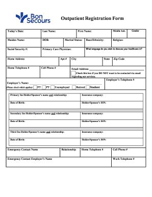 Fillable Online Outpatient Registration Form Bon Secours Physical