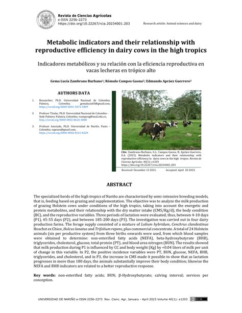 Pdf Metabolic Indicators And Their Relationship With Reproductive Efficiency In Dairy Cows In