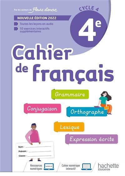 Livre Cahier de français 4e cycle 4 écrit par Chantal Bertagna et