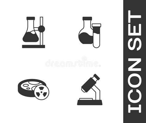 Set Microscope Test Tube Flask On Stand With Toxic Liquid And Icon