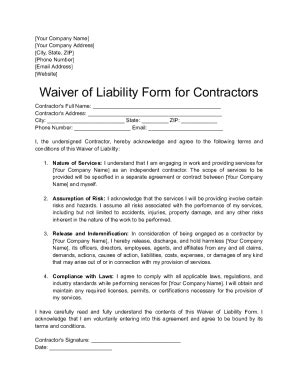 Fillable Online Release Of Liability Waiver Form For Contractors