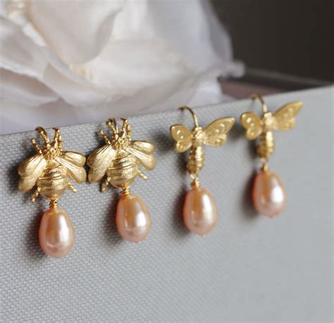 Bee Earrings, Gold Bee Earrings, Dangle Pearl Earrings, Bumble Bee Earrings, Gold Bee Jewelry ...