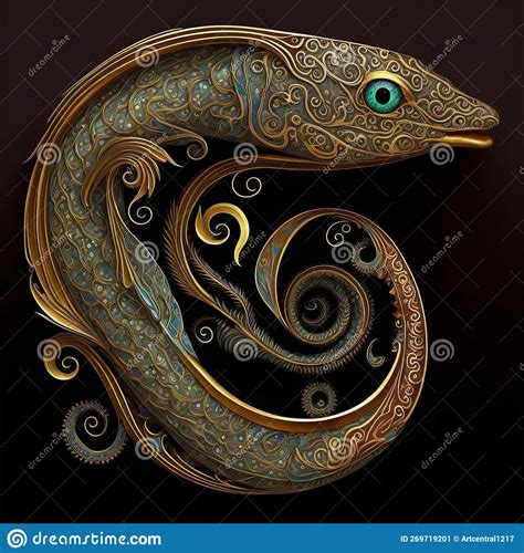 Gold Filigree Inlaid Eel Generative Ai Stock Illustration