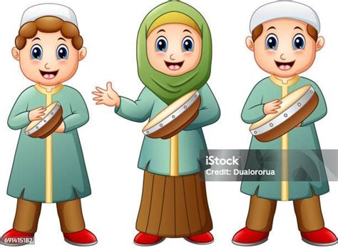 happy muslim anak kartun bermain rebana ilustrasi stok  gambar