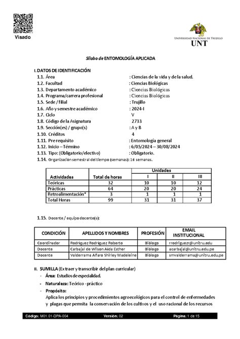 Entomolog A Aplicada I Silabo Visado S Labo De Entomolog A