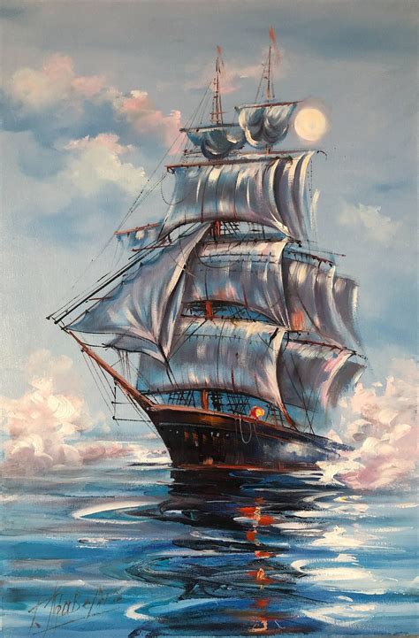 Navy Ship at Sea Painting on Canvas Large Sailing Wall Art Peace Oil ...