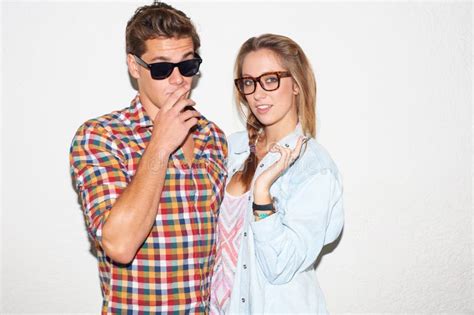 Party Portrait Of Hipster Couple On Wall Background Sunglasses And Gen