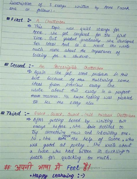 Describe Three Essay Written By Anne Frank EduRev Class 10 Question