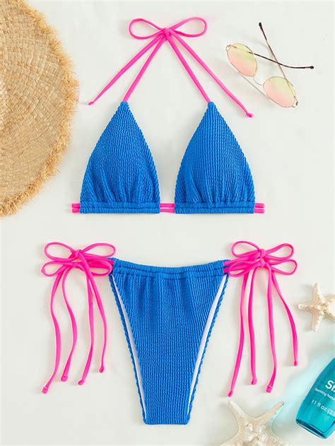 Textured Triangle Tie Side Bikini Swimsuit Shein Uk