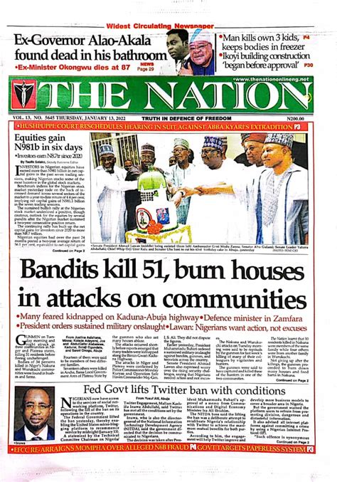 Nigerian Newspapers Daily Front Pages Review Thursday 13 January 2022