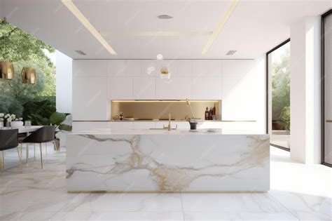 Marmore Branco Na Cozinha - Uma cozinha com ilha em mármore branco com bancada em mármore dourado e ...