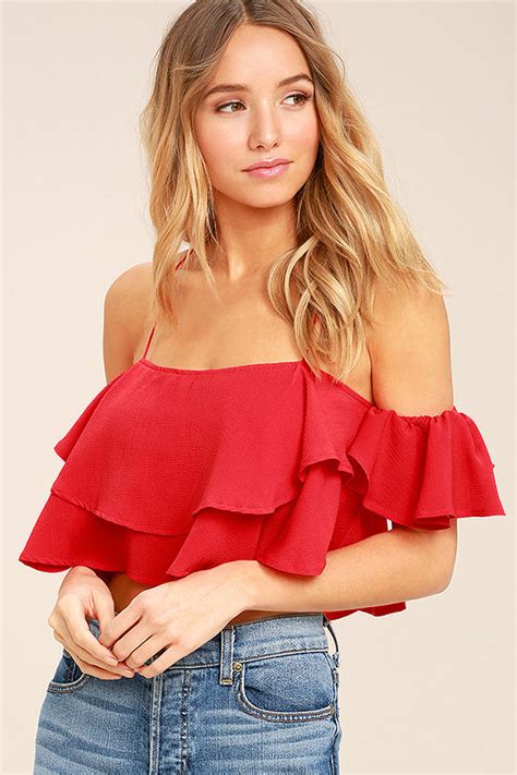 Cute Red Top Crop Top Off The Shoulder Top Ruffled Top Lulus