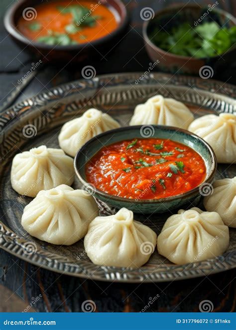 Nepalese Momo On A Steamer Tray Served With A Tomato Based Dipping