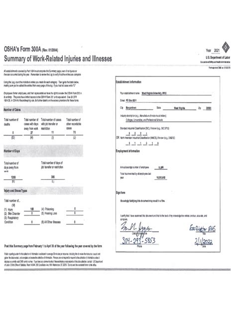 Fillable Online Oshas Form 300a Rev 01 2004 Year 2015 Summary Of