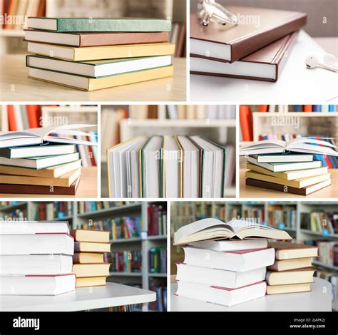 Collage with many different books in library Stock Photo - Alamy