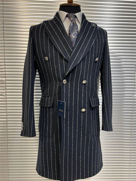 Двубортное мужское пальто в полоску синее Jeffrey купить в СПб в ...